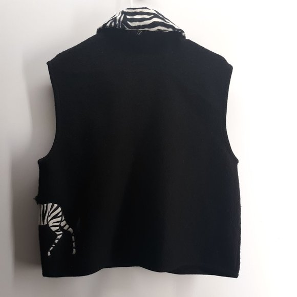 Lisa International Womens Size Large 100% Boiled Wool Full Zip Black Zebra Vest - Picture 3 of 12